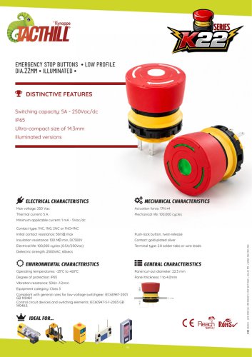 Low-profile emergency stop buttons dia.22mm - K22