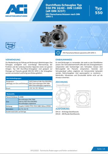 Durchfluss-Schauglas Typ 550 PN 16/40 - DIN 11869 (alt DIN 3237)