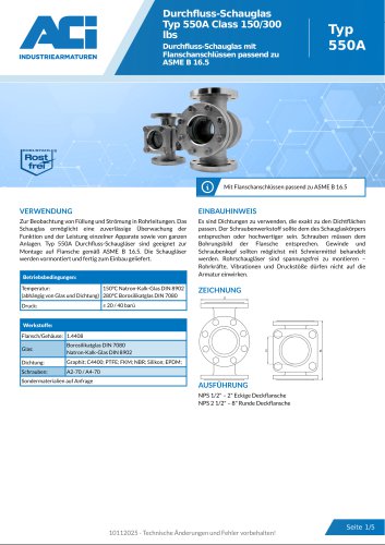 Durchfluss-Schauglas Typ 550A Class 150/300 lbs