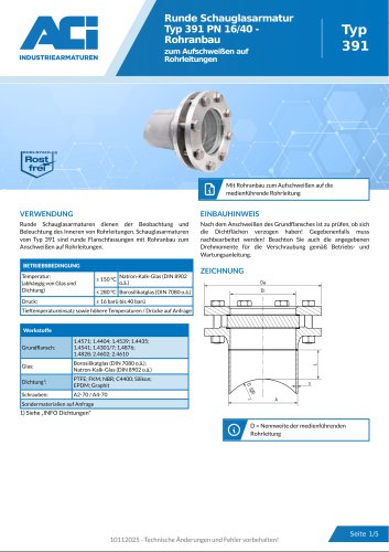 Runde Schauglasarmatur Typ 391 PN 16/40 - Rohranbau
