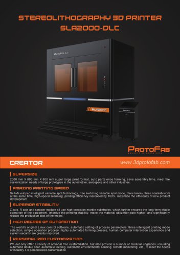 ProtoFab 3D printer SLA 2000 DLC brochure