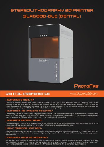 ProtoFab  3D printer SLA 600D DLC  brochure