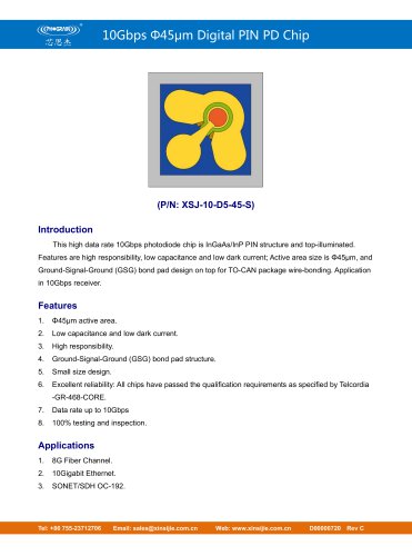 XSJ-10-D5-45-S/10Gbps Φ45μm Digital PIN PD Chip/PHOGRAIN
