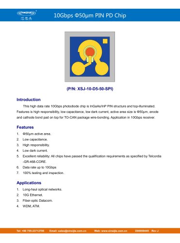 XSJ-10-D5-50-SPI/10Gbps Φ50μm PIN PD Chip/PHOGRAIN
