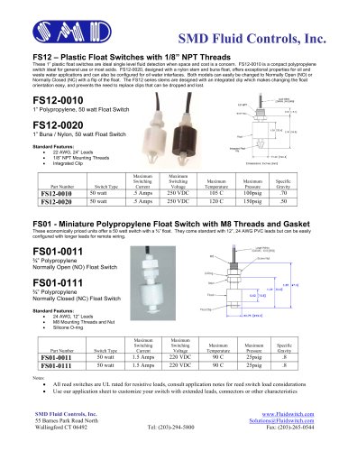 FS12 – Plastic Float Switches with 1/8” NPT Threads