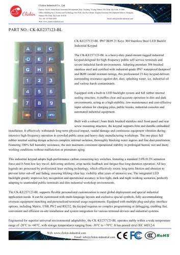 Waterproof Customized 21 keys industrial stainless steel panel mount keypad