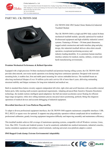 Waterproof Mountable 36.0mm medical trackball