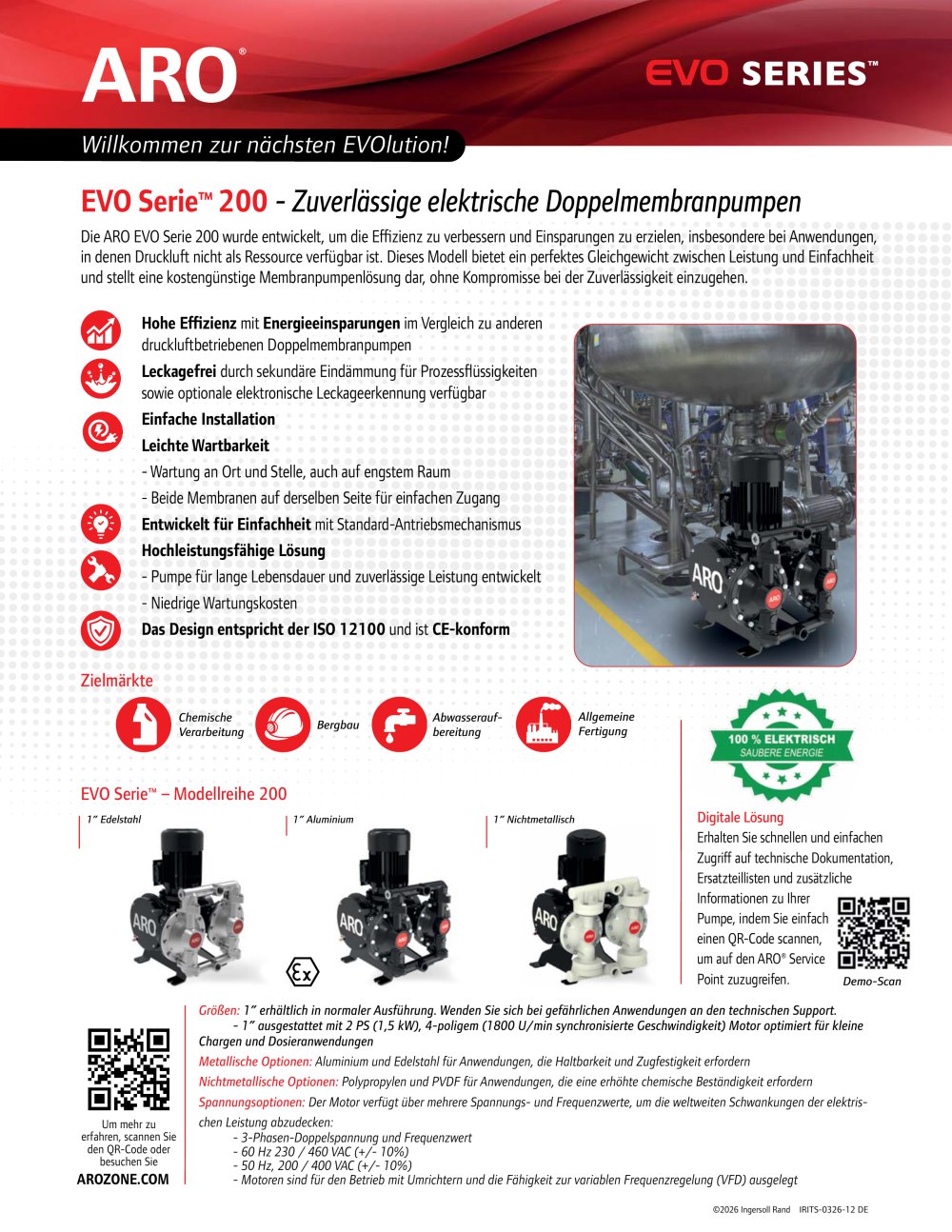 EVO Serie&trade; 200 - Zuverl&auml;ssige elektrische Doppelmembranpumpen - ARO, Ingersoll Rand