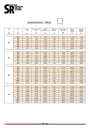 DIMENSIONAL TABLE