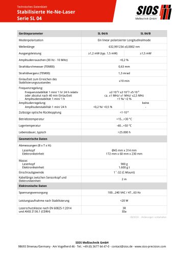 Technisches Datenblatt: Frequenz- und amplitudenstabilisierte He-Ne-Laser SL 04