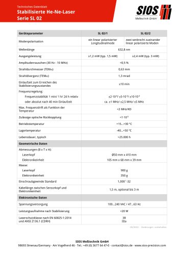 Technisches Datenblatt: Frequenzstabilisierte He-Ne-Laser SL 02