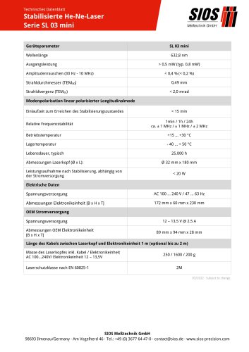 Technisches Datenblatt: Frequenzstabilisierte He-Ne-Laser SL 03 mini