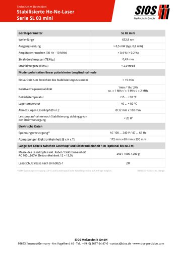 Technisches Datenblatt: Frequenzstabilisierte He-Ne-Laser SL 03 mini