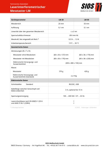 Technisches Datenblatt: Laserinterferometrischer Messtaster LM