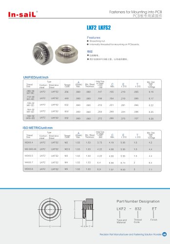 LKF2 Broaching standoffs, threaded or unthreaded formounting on PC boards.