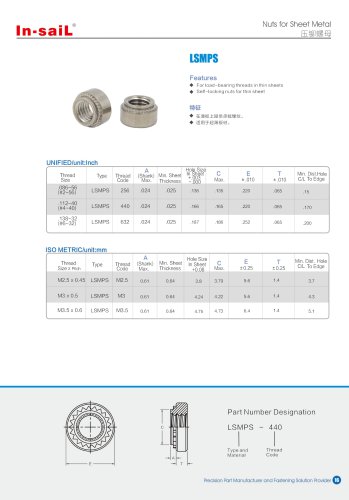 LSMPS series This type are for installation into ultra-thin sheets.They feature a lower profile and can be mountedcloser to the edge of a sheet than other self一clinching nuts.