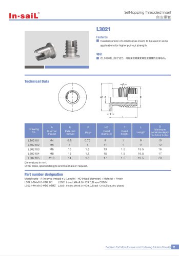 The L3021 series is a headed version of L302 series.Thehead can greatly enhance the pull-out and torque resistance.