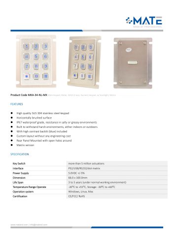 MATE MKA-34-NL-MX Professional Dot Matrix Metal Keypad