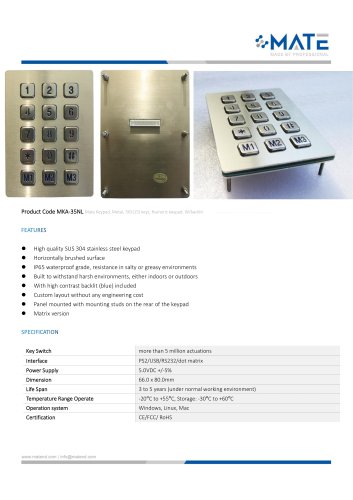 MATE MKA-35NL Professional Industrial Keypad with 15 Keys