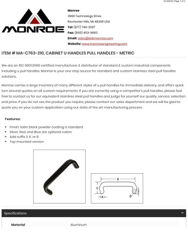 MA-C763-210, CABINET U HANDLES PULL HANDLES - METRIC