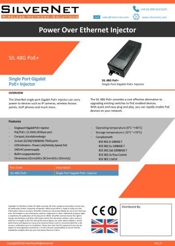 PDF 	1 Port PoE+ Injector 802.3af/at