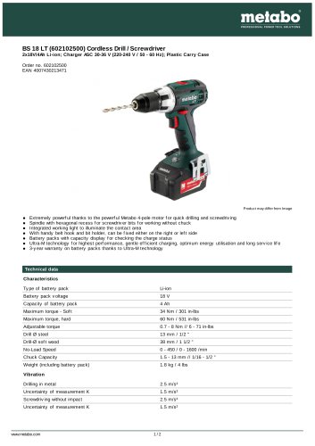 BS 18 LT (602102500) CORDLESS DRILL / SCREWDRIVER