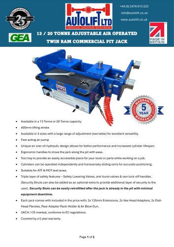 13T 20T Adjustable Twin Ram Pit Jack Specification Sheet (English)