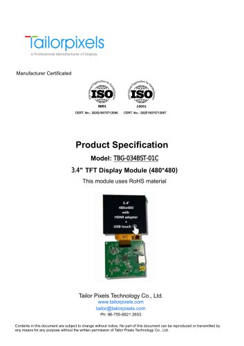 Product Specification Model:TBG-034BST-01C 3.4″ TFT Display Module (480*480)