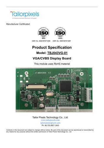 Product Specification Model:TBJ043VG-01 VGA/CVBS Display Board