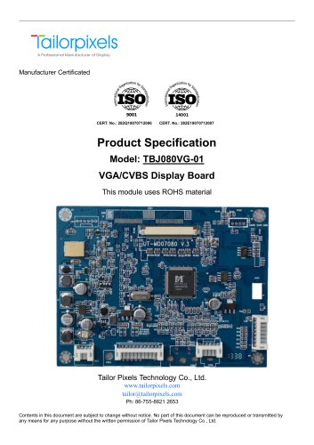 Product Specification Model:TBJ080VG-01 VGA/CVBS Display Board