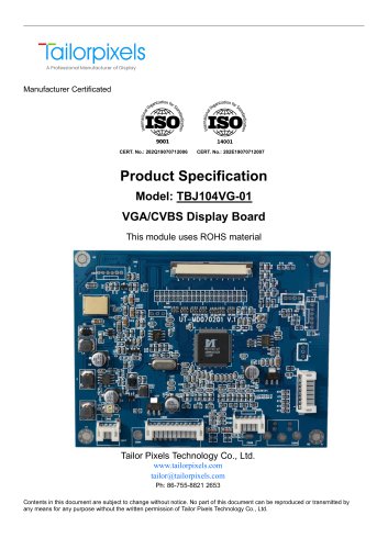 Product Specification Model:TBJ104VG-01 VGA/CVBS Display Board