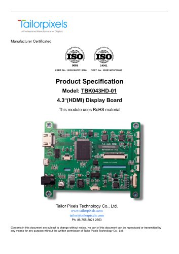 Product Specification Model:TBK043HD-01 4.3″(HDMI) Display Board