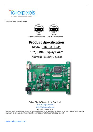 Product Specification Model:TBK050HD-01 5.0″(HDMI) Display Board