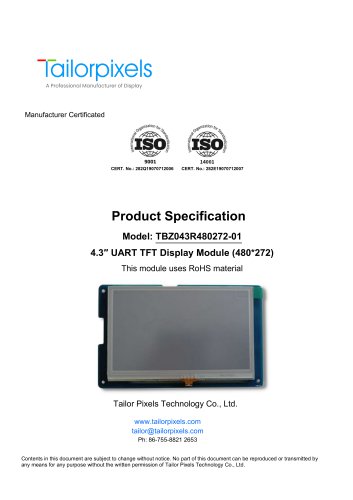 Product Specification Model:TBZ043R480272-01 4.3″ UART TFT Display Module (480*272)