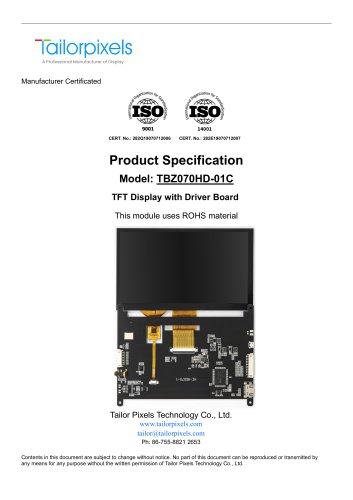 Product Specification Model: TBZ070HD-01C 7.0″TFT HDMI Touch Display (1024*600)