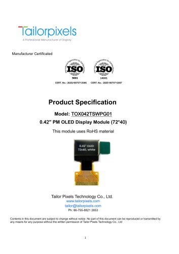 Product Specification Model:TOX042TSWPG01 0.42″ OLED Display Module (72*40)