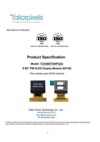 Product Specification Model:TOX066TSWPG03 0.66″ OLED Display Module (64*48)