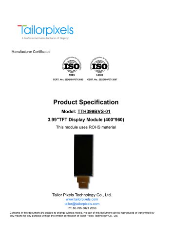 Product Specification Model:TTH399BVS-01 3.99″ TFT Display Module (400*960)