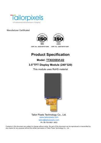 Product Specification Model:TTX035SVI-02 3.5″TFT Display Module (240*320)