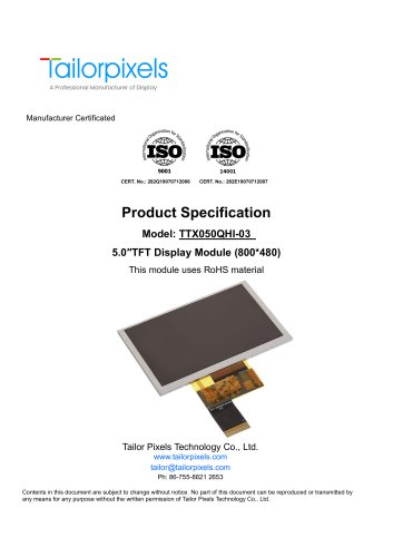 Product Specification Model:TTX050QHI-03 5.0″TFT Display Module (800*480)