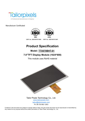 Product Specification Model:TTX070BHT-01 7.0″TFT Display Module (1024*600)