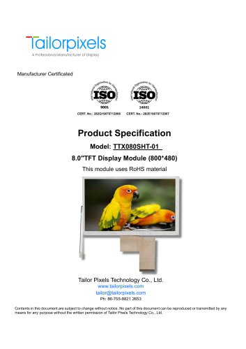 Product Specification Model:TTX080SHT-01 8.0″TFT Display Module (800*480)