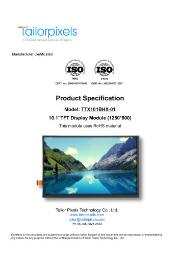 Product Specification Model:TTX101BHX-01 10.1”  TFT Display Module（1280*800）