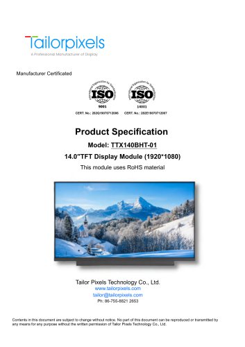 Product Specification Model:TTX140BHT-01 14.0”  TFT Display Module（1920*1080）