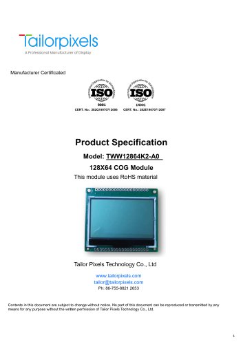 Product Specification Model:TWW12864K2-A0 LCD Display (128*64)