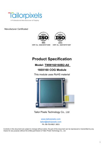 Product Specification Model:TWW160160B2-A0 LCD Display (160*160)