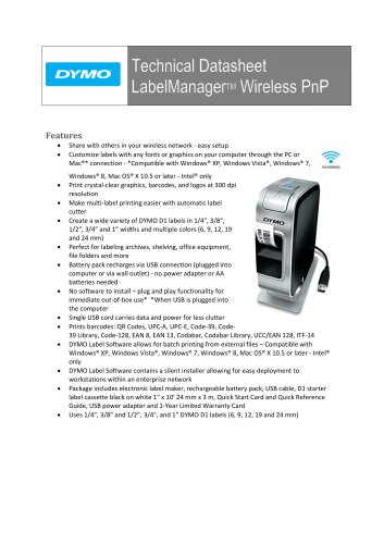 Technical Datasheet LabelManager&trade; Wireless PnP
