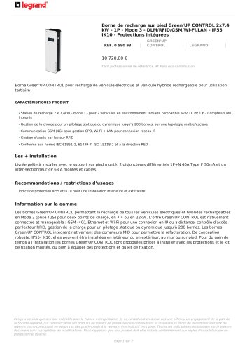 Borne de recharge sur pied Green'UP CONTROL 2x7,4 kW - 1P - Mode 3 - DLM/RFID/GSM/Wi-Fi/LAN - IP55 IK10 - Protections int&eacute;gr&eacute;es