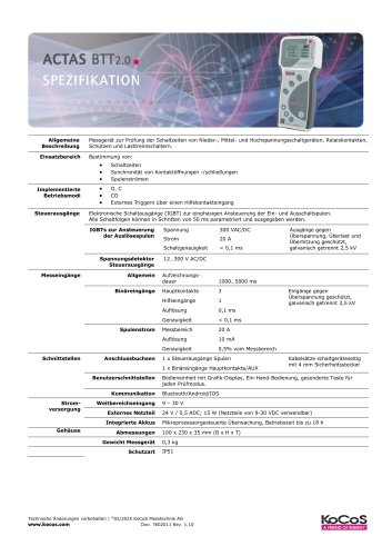 Spezifikationen ACTAS BTT 2.0