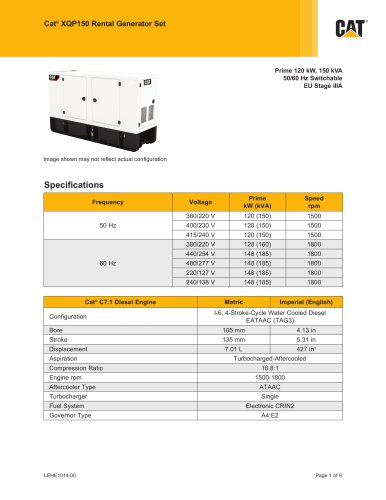 XQP150 Rental Generator Set Spec sheet (EU Stage IIIA)